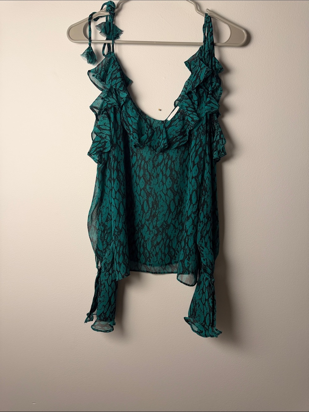 Misa Los Angeles Teal Snake Print Ruffle Cold Shoulder Top Sheer Tie Strap / XS